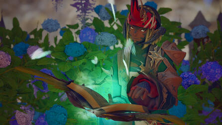 Vera holding a book that has wind swirling around it while she looks mischievously towards the camera.