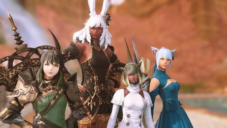 From left to right, H'yssop, Amalthea, Vera, and Symonne all stand in front of the camera together.