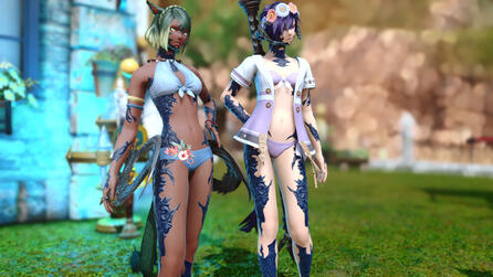 Vera and Kaisra are wearing swimsuits while looking to the right.